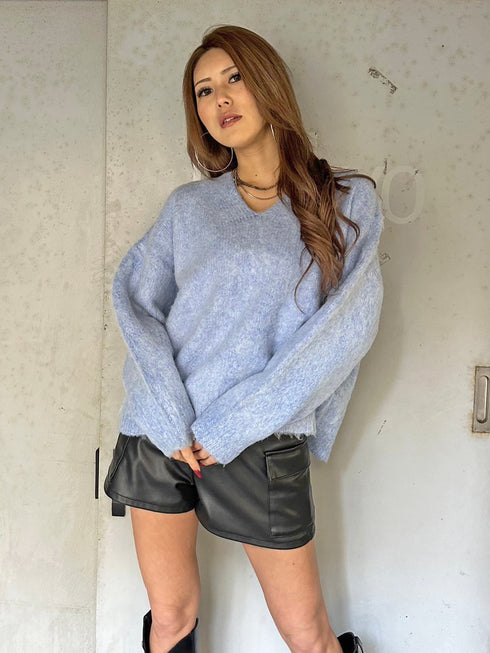 Vネックロングシャギーニットトップス
